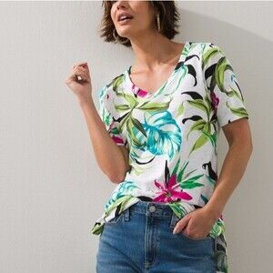 Chico's Slub Colorful Tropical Floral Print Cotton Blend V-Neck Tee Shirt Blouse